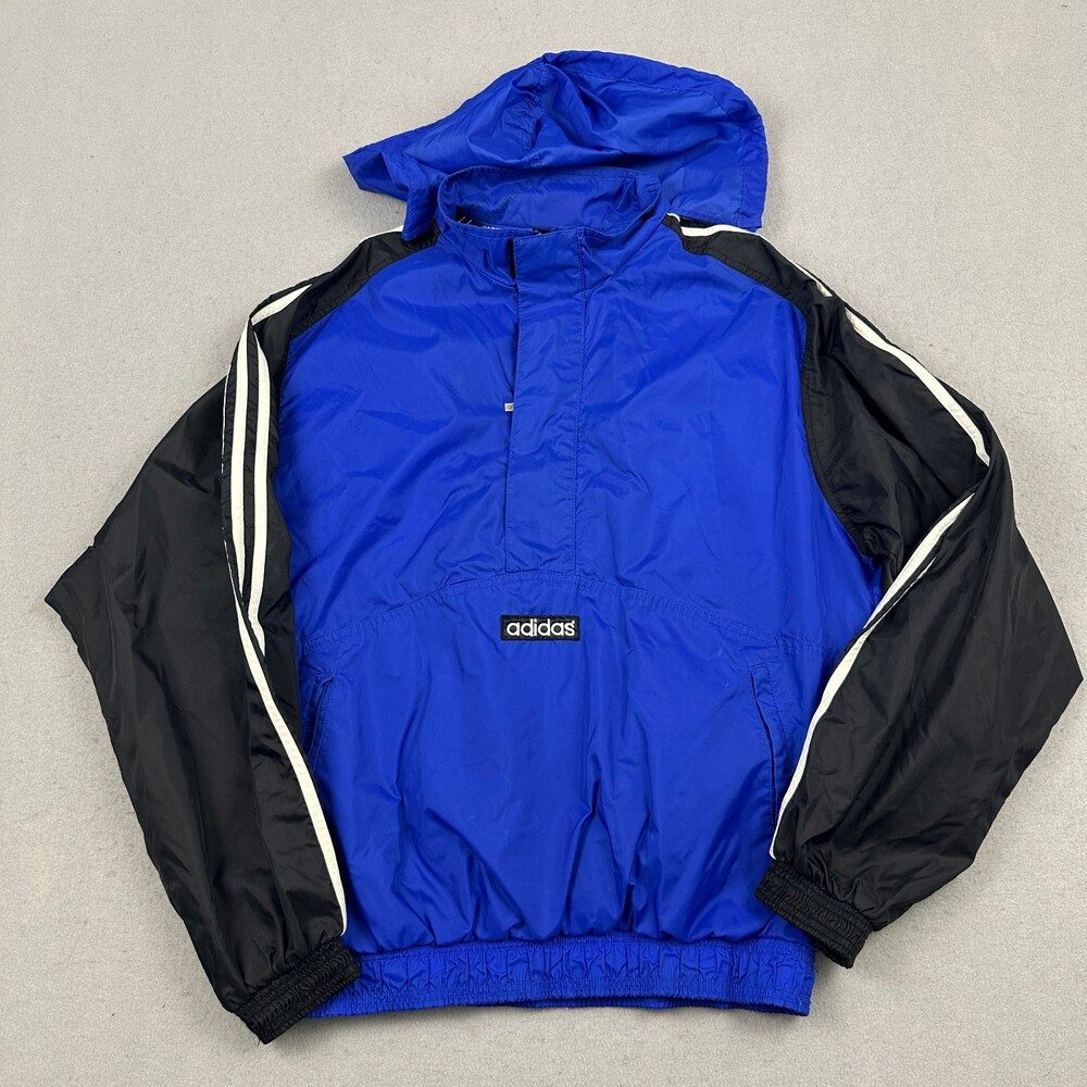 Vintage Adidas Track Jacket Men Small Blue Anorak Windbreaker Hood 90s S *